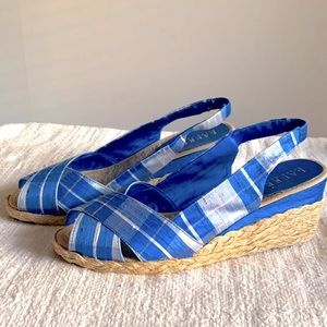 Ralph Lauren blue/silver plaid silk wedges. New